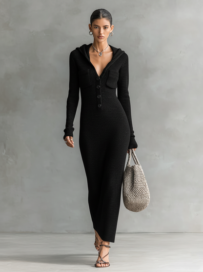 Chic Hooded Maxi Dress | Women's Slim-Fit Knitted Dress with Cozy Hood | Versatile Casual Elegance for All-Day Comfort 6