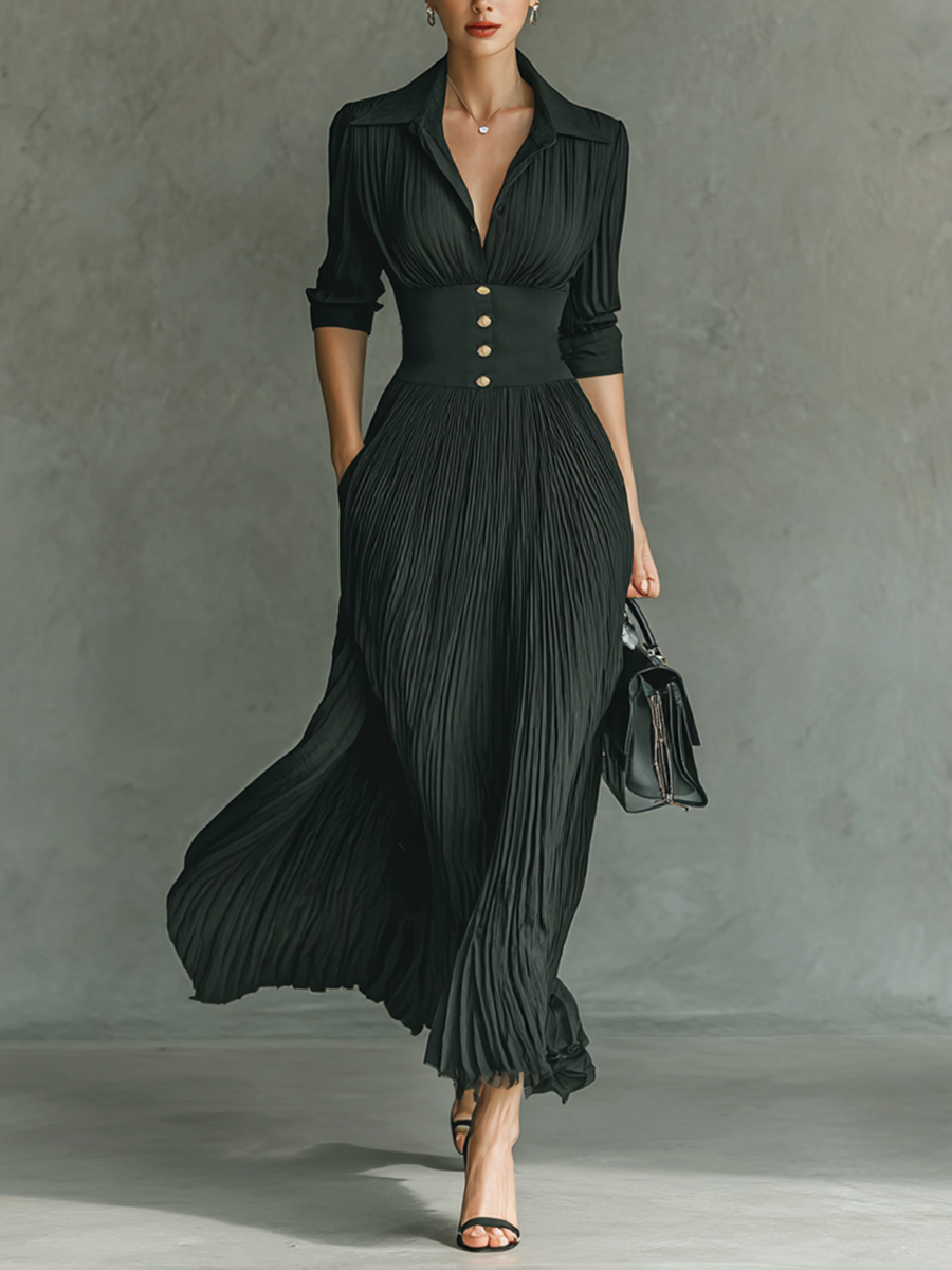Elegant Maxi Dress | Women's Formal Dress with Pleated Skirt & Lapel Collar for Stylish Comfort 1
