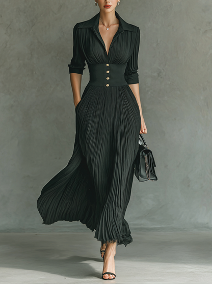Elegant Maxi Dress | Women's Formal Dress with Pleated Skirt & Lapel Collar for Stylish Comfort 1