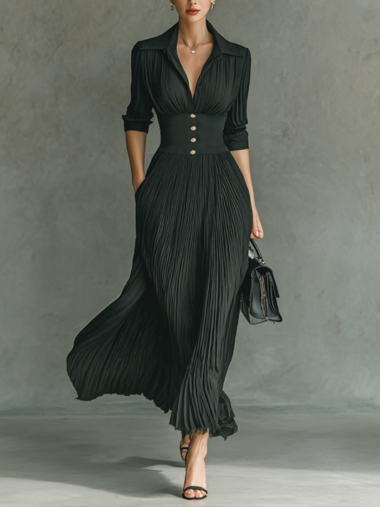 Elegant Maxi Dress | Women's Formal Dress with Pleated Skirt & Lapel Collar for Stylish Comfort 1