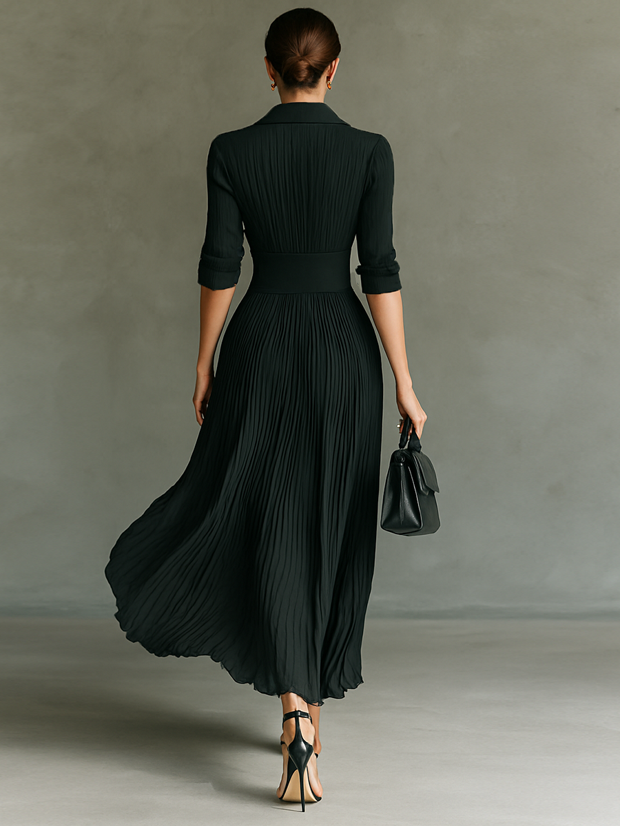 Elegant Maxi Dress | Women's Formal Dress with Pleated Skirt & Lapel Collar for Stylish Comfort 2