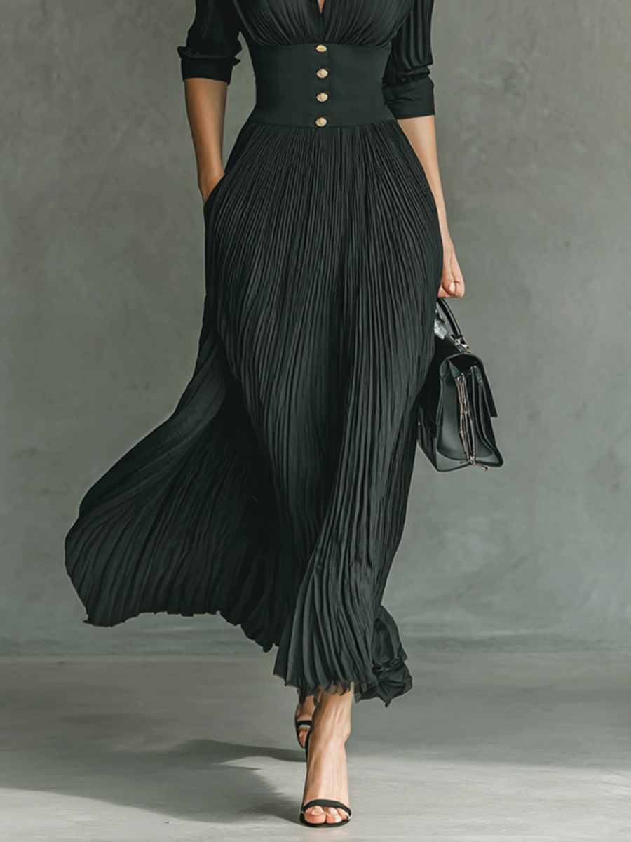 Elegant Maxi Dress | Women's Formal Dress with Pleated Skirt & Lapel Collar for Stylish Comfort 4
