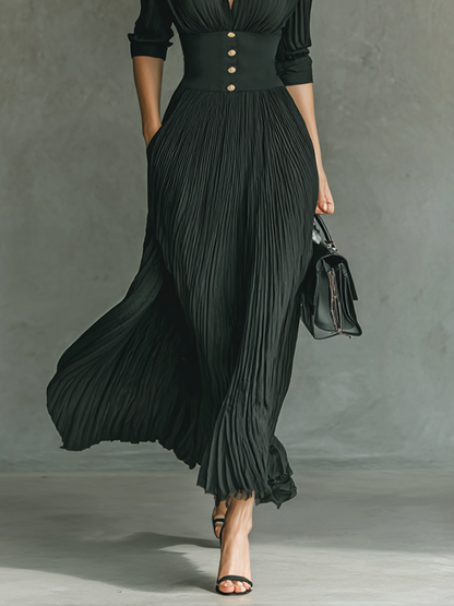Elegant Maxi Dress | Women's Formal Dress with Pleated Skirt & Lapel Collar for Stylish Comfort 4