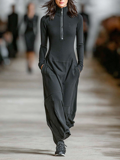 Sporty Maxi Dress | Women's Cotton Blend with Zipper Neckline | Loose Fit for Casual Comfort 1