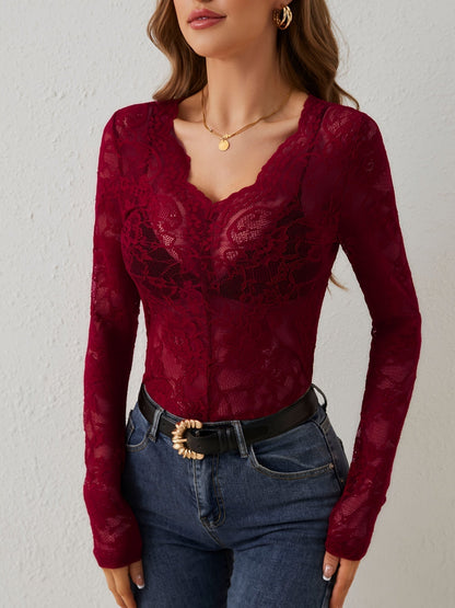 Elegant Lace Blouse for Women with V-Neck & Sheer Long Sleeves | Stunning Going Out Top for Timeless Style 1