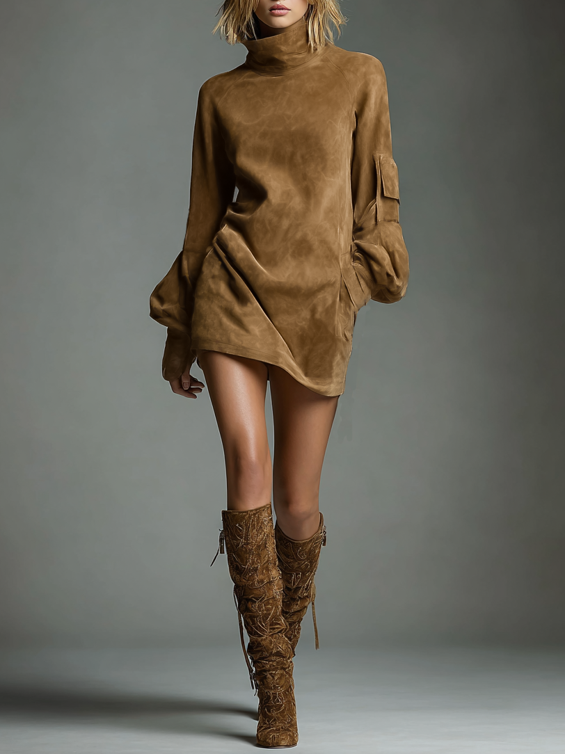 Vintage-Inspired | Women's Dress with Soft Faux Suede Turtleneck | Relaxed Fit for Stylish Fall and Winter Outings 1