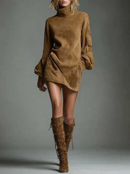 Vintage-Inspired | Women's Dress with Soft Faux Suede Turtleneck | Relaxed Fit for Stylish Fall and Winter Outings 1
