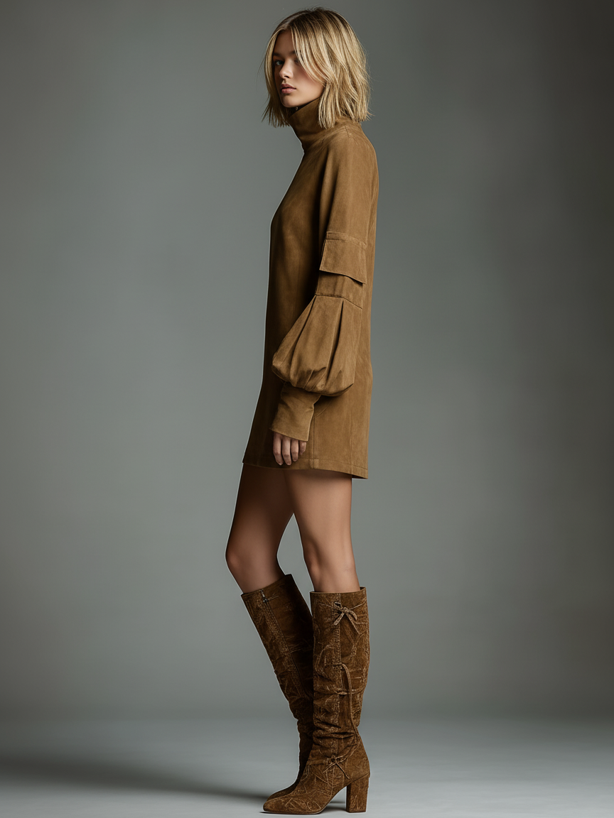 Vintage-Inspired | Women's Dress with Soft Faux Suede Turtleneck | Relaxed Fit for Stylish Fall and Winter Outings 5