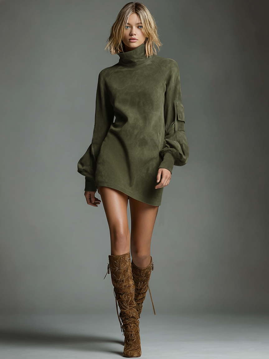 Vintage-Inspired | Women's Dress with Soft Faux Suede Turtleneck | Relaxed Fit for Stylish Fall and Winter Outings 9