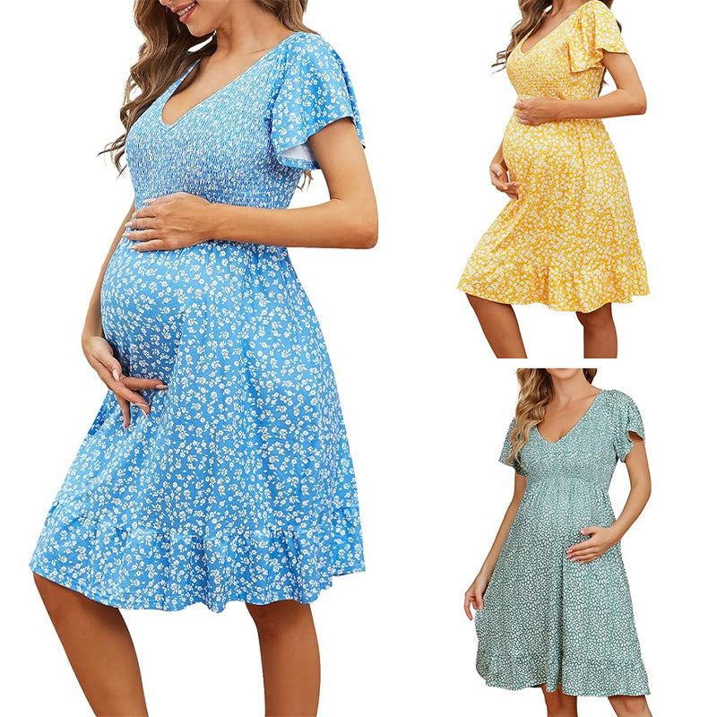 Women's maternity blouse with ruffle details and floral pattern