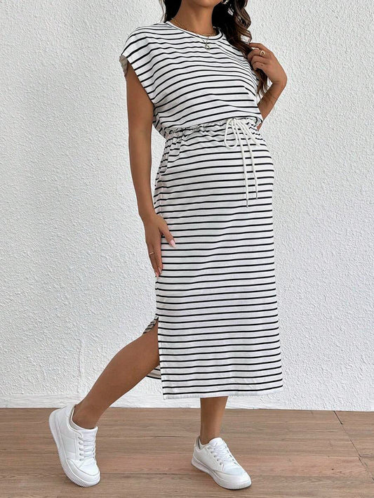 Women's striped maternity dress with waist belt