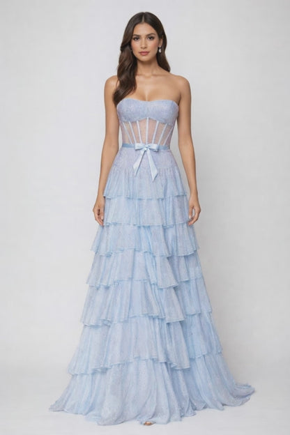 Elegant A-Line Strapless Tulle Long Formal Prom Dress with Bowknot Detail